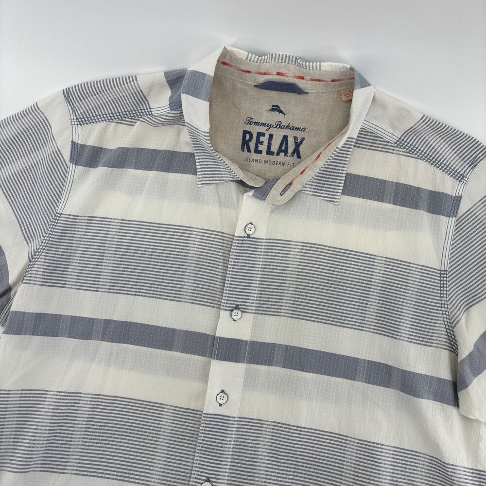 Tommy‎ Bahama Shirt Mens Large Blue White Stripe Stretch Seersucker
